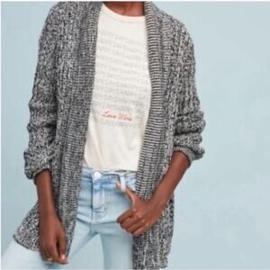 ANTHROPOLOGIE Black & white marled long line shawl collar cardigan size large